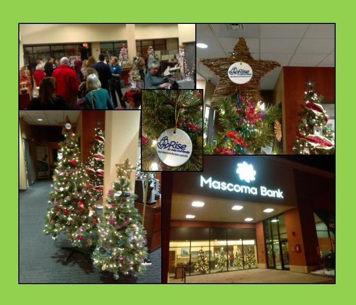 collage- Festival of Trees at a Mascoma Bank, with pictures of guests, Christmas trees and RISE for Baby and Family ornaments