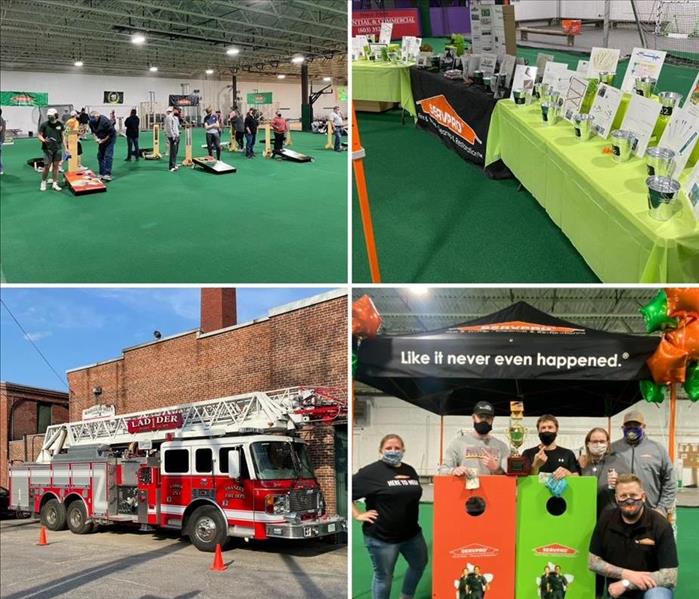 Collage featuring a photo of a firetruck, cornhole players, prize table and tournament champios.