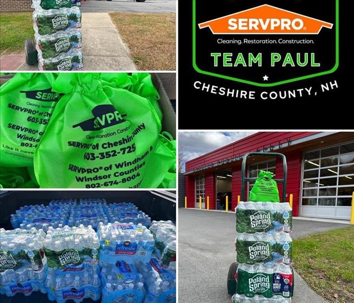 Collage of fire departments, cases of water, and green bags delivered to the fire departments.