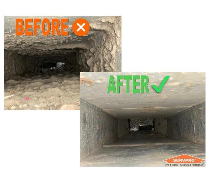 Before and after photos of air ducts. Before has heavy amounts of dust and debris, after is clean of debris.