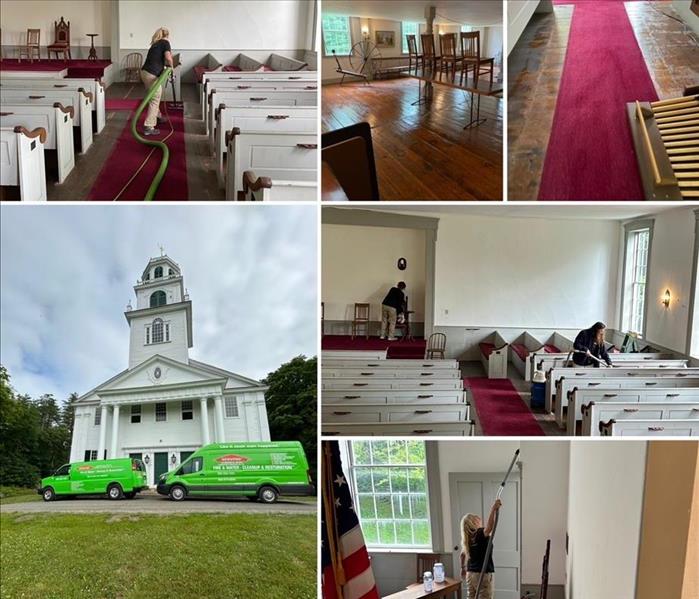 Collage of photos with technicians cleaning inside a historic church.